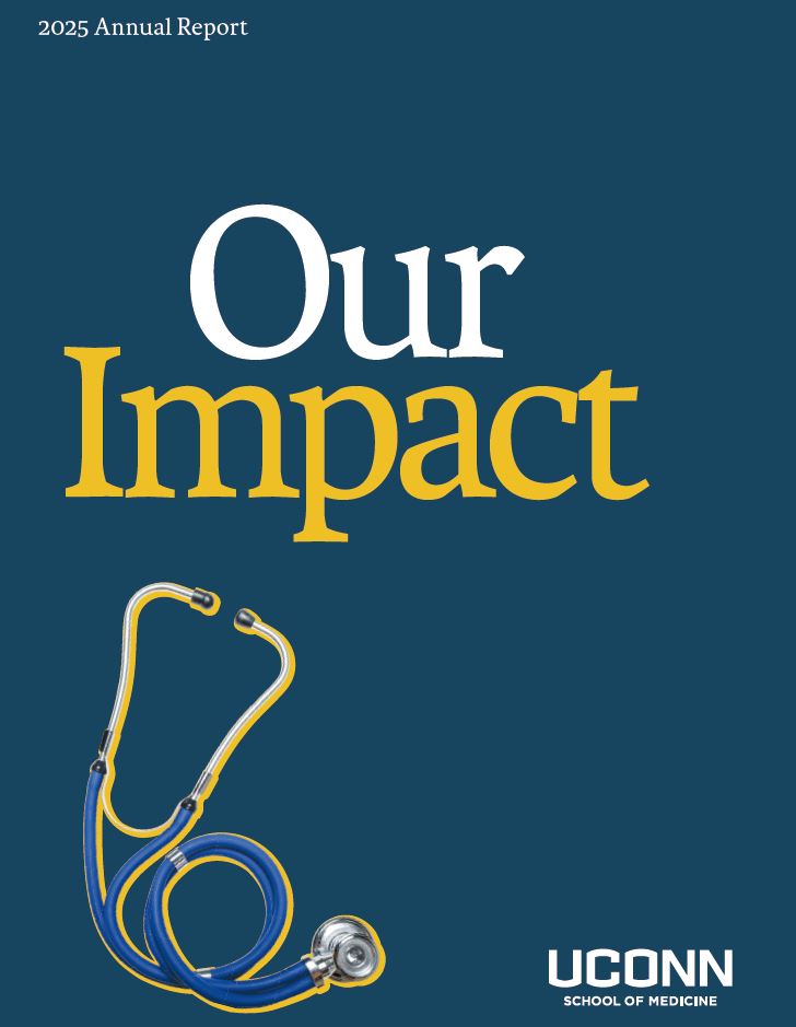 Cover of the School of Medicine annual report 2025 entitled Our Impact with stethoscope.